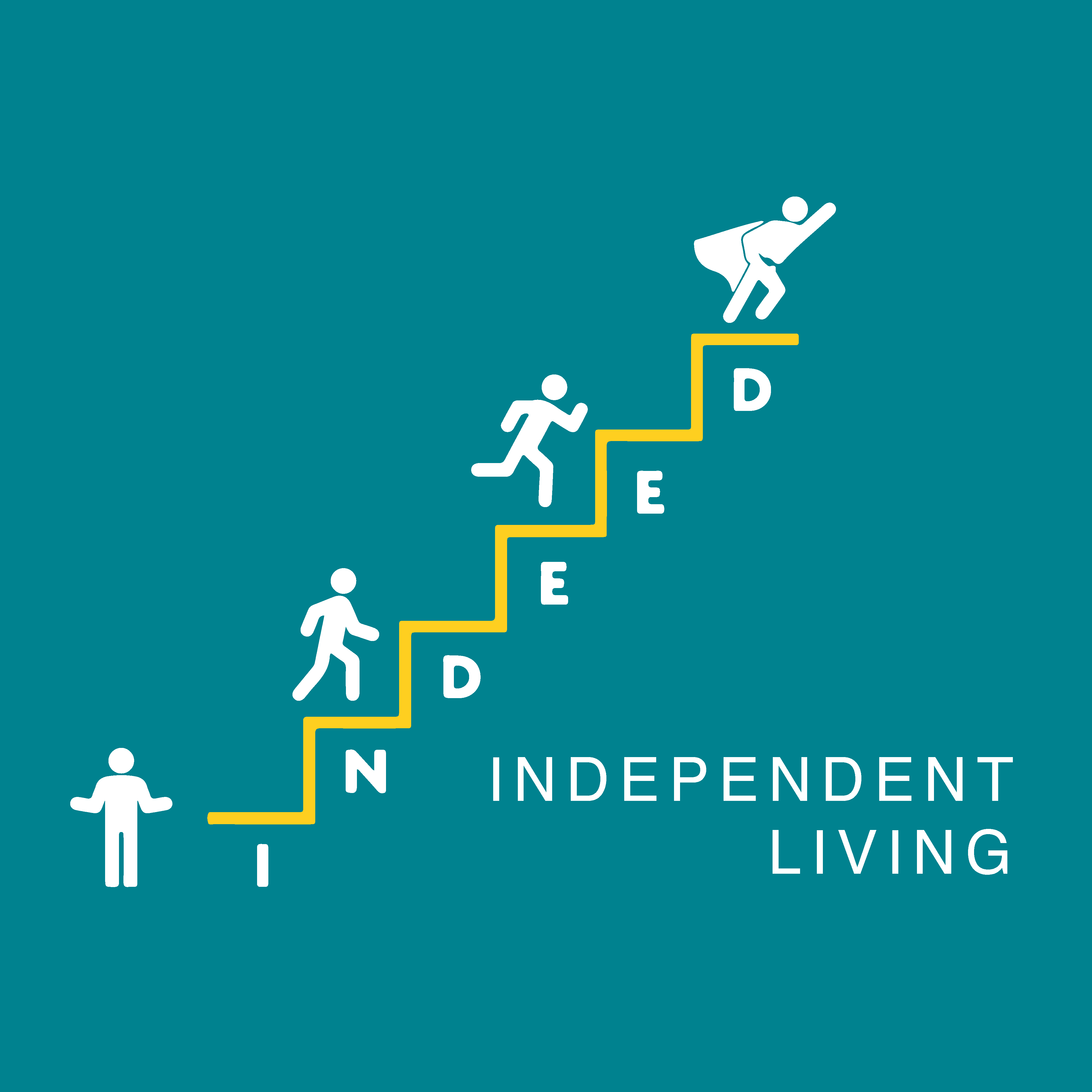 Logo of Indeed. People climbing a staircase and a flying superhero at the end. Underneath it says "Independent Living".